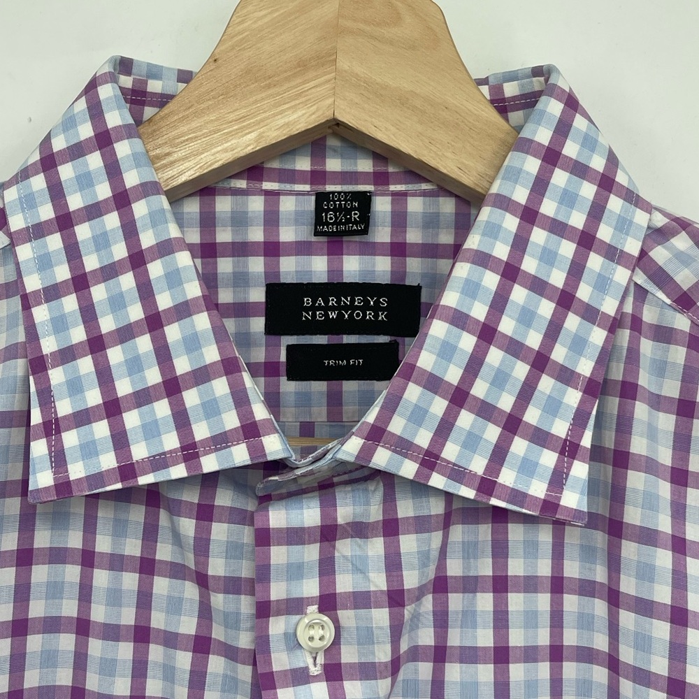 Barney’s New York Dress Shirt Size 16.5” Trim Fit Plaid White Purple Blue Check